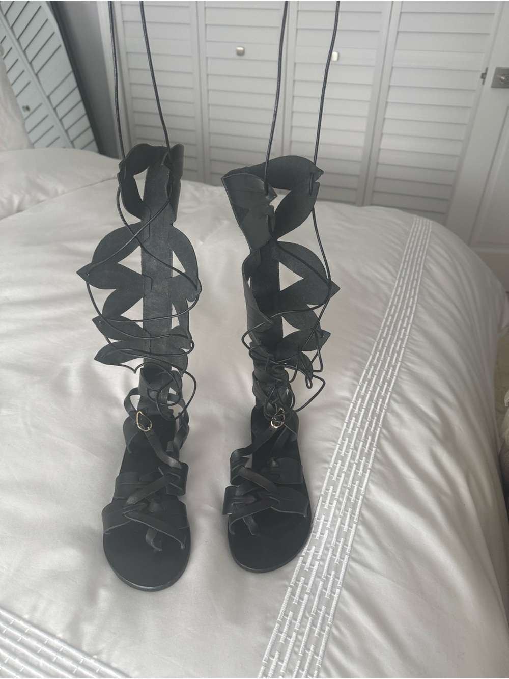 Ancient Greek Sandals Black Lace-Up Gladiator Wrap Sandals